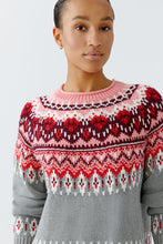 Nordic Pattern Knit Jumper in Soft Grey & Pink Tones