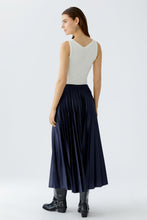 Navy Pleated Midi Skirt with Logo Waistband