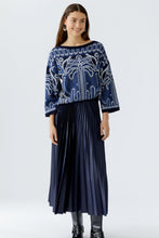 Navy Pleated Midi Skirt with Logo Waistband