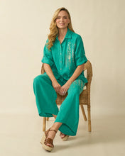 Wide-Leg Linen Trousers with Sequin Detail - Aqua
