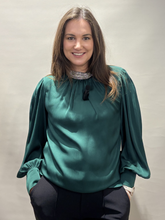 Emerald Satin Blouse with Crystal Collar