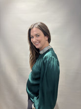 Emerald Satin Blouse with Crystal Collar