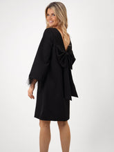 Black Mini Shift Dress with Feather Cuffs & Bow Back