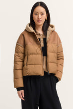 Camel Puffer with Shearling Hood