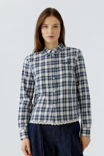 Blue & White Check Cotton Shirt with Lace Hem