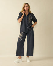 Wide-Leg Linen Trousers with Sequin Detail - Navy