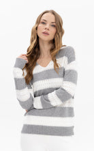 Grey and White Striped V-Neck Jumper