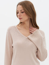 Beige Embellished V-Neck Knit Sweater