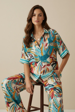 Tropical Print Wide Leg Trousers - Turquoise