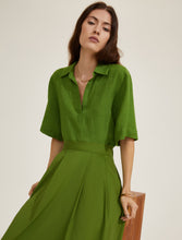 Pure Linen Polo Shirt with V-Neck - Green