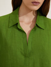 Pure Linen Polo Shirt with V-Neck - Green