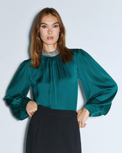 Emerald Satin Blouse with Crystal Collar