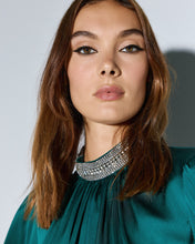 Emerald Satin Blouse with Crystal Collar