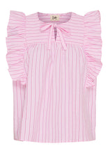 Pink Stripe Frill Sleeve Tie Neck Top