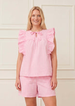 Pink Stripe Frill Sleeve Tie Neck Top