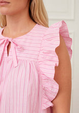 Pink Stripe Frill Sleeve Tie Neck Top