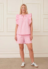 Pink Stripe Frill Sleeve Tie Neck Top