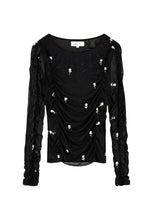 Black Embroidered Ruched Mesh Top
