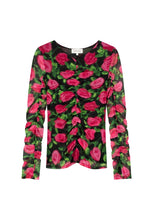 Pink Rose Print Ruched Mesh Top