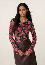 Pink Rose Print Ruched Mesh Top