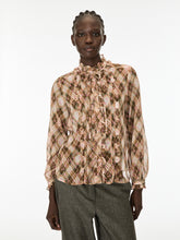 Pink Check Ruffle Tie Neck Blouse