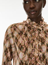 Pink Check Ruffle Tie Neck Blouse
