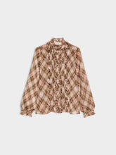Pink Check Ruffle Tie Neck Blouse