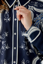 Navy Printed Blouse with Western Motif