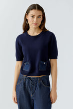 Navy Knit Top with Denim Pockets