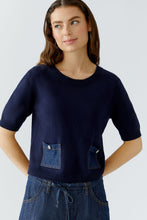 Navy Knit Top with Denim Pockets