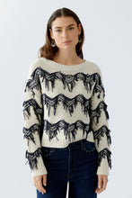 Cream Knit Jumper with Navy Fringe Detail