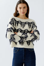 Cream Knit Jumper with Navy Fringe Detail