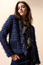 Navy Textured Bouclé Jacket with Fringe Detail