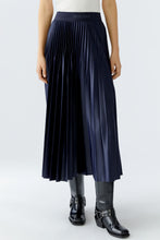 Navy Pleated Midi Skirt with Logo Waistband