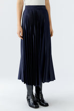 Navy Pleated Midi Skirt with Logo Waistband