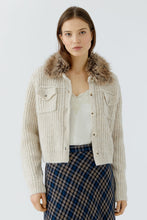 Cream Knit Cardigan with Detachable Faux Fur Collar