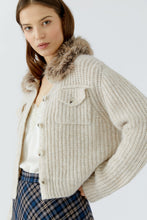 Cream Knit Cardigan with Detachable Faux Fur Collar