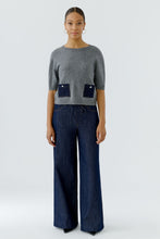 Grey Knit Top with Denim Pockets