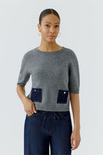 Grey Knit Top with Denim Pockets