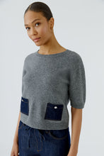 Grey Knit Top with Denim Pockets