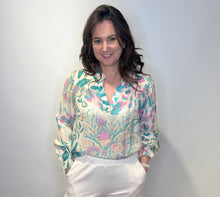 Pastel Floral Print Blouse with V-Neck - Aqua