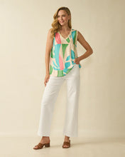V- Neck Abstract Print Sleeveless Top - Aqua