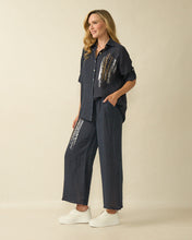 Wide-Leg Linen Trousers with Sequin Detail - Navy