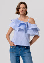Blue One-Shoulder Ruffle Blouse