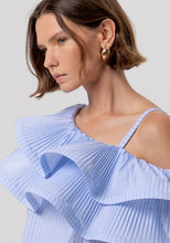 Blue One-Shoulder Ruffle Blouse