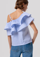 Blue One-Shoulder Ruffle Blouse
