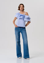 Blue One-Shoulder Ruffle Blouse