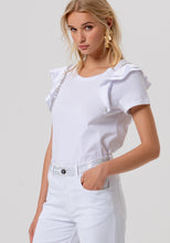 Ruffle Shoulder T-Shirt with Crystal Trim
