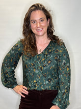Forest Green Abstract Print Ruffle Blouse