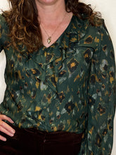 Forest Green Abstract Print Ruffle Blouse
